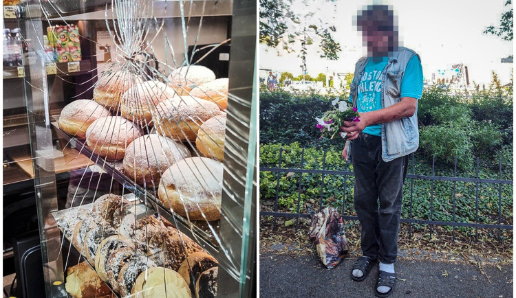 VIDEO: Recidivista bušil do výlohy pekařství, strážníkům pak nabídl květiny, které vyrval z výzdoby kavárny