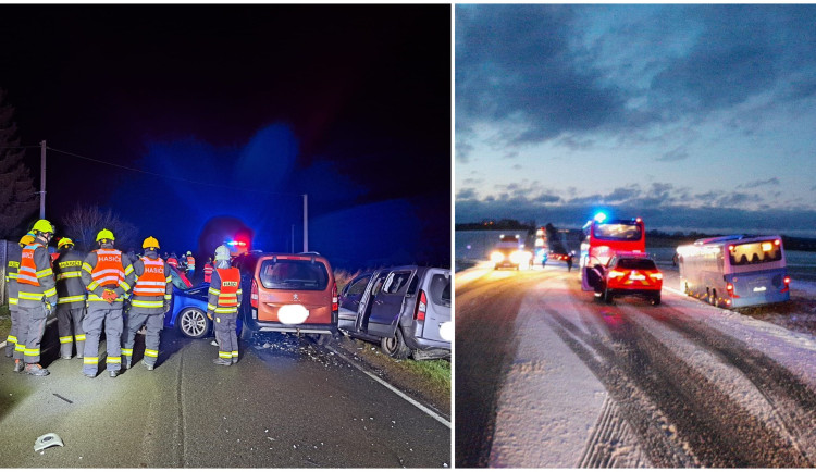 Nehoda tří osobáků si vyžádala celkem čtyři zraněné. Kluzká vozovka potrápila i řidiče autobusu