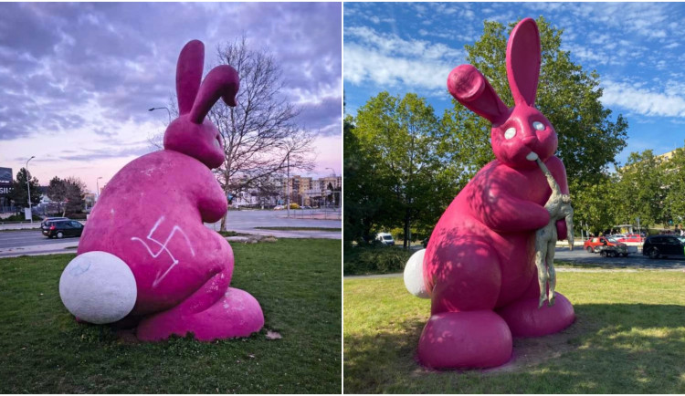 Vandal načmáral svastiku na kontroverzní sochu růžového králíka, nestalo se to zdaleka poprvé