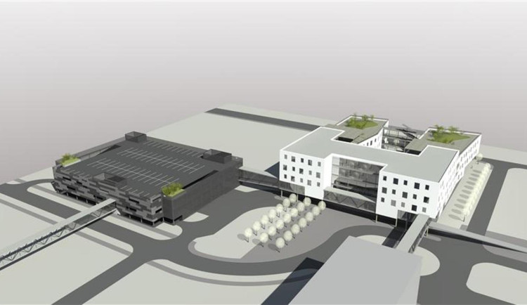 Vizualizace toho, jak bude nový pavilon a parkovací dům vypadat
